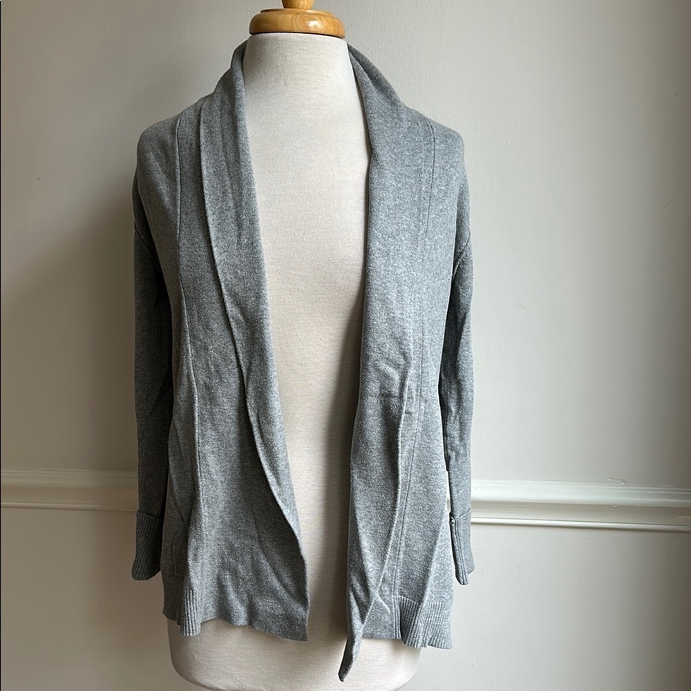 Kersh Gray Open Front Women's Sweater shawl collar raw hem shoulder Medium EUC